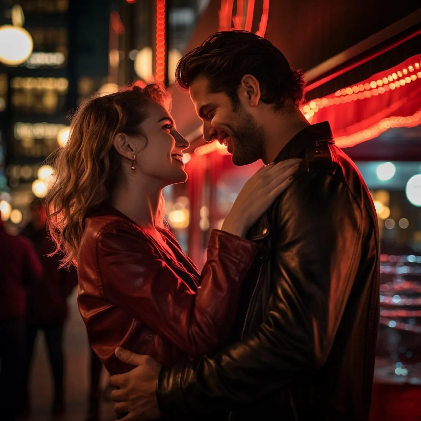 A couple smiling at each other in a close embrace under red neon lights