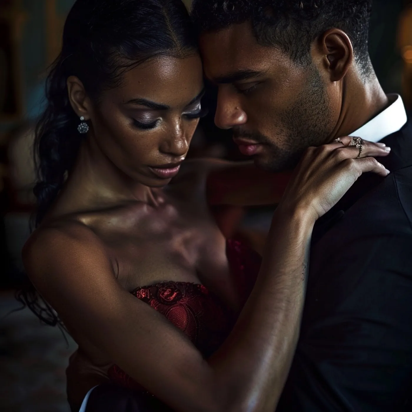 A couple in an intimate embrace in low light